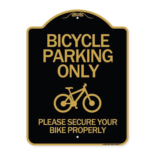 Signmission Bicycle Parking Please Secure Your Bike Properly, Black & Gold Alum Sign, 18" x 24", BG-1824-24319 A-DES-BG-1824-24319 - main